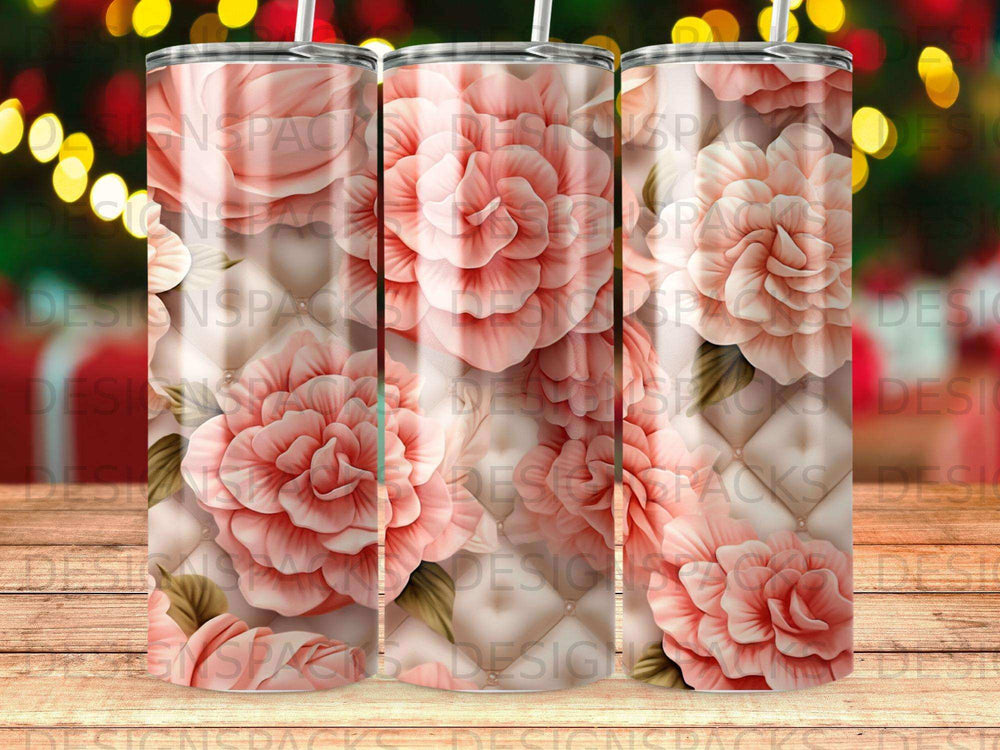 Pink roses on a quilted background with subtle bokeh lights.