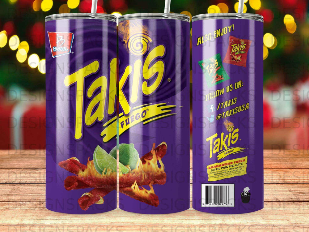 Takis Fuego bag with lime and chili peppers, social media handles.