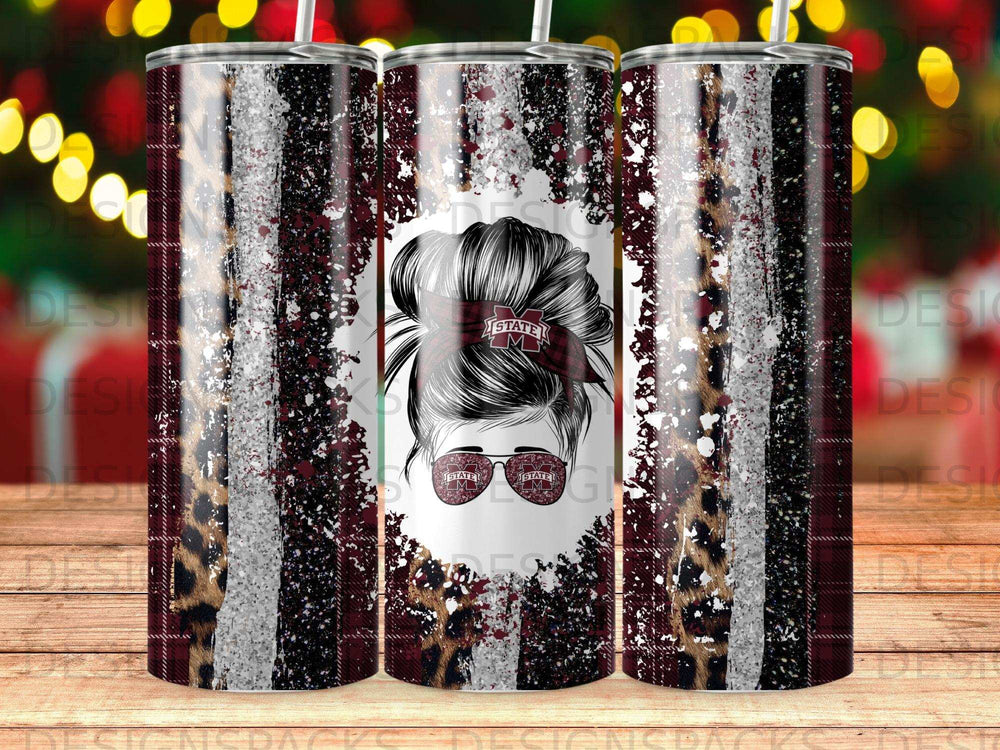 Tumbler with maroon and white stripes, leopard print, and glitter accents.