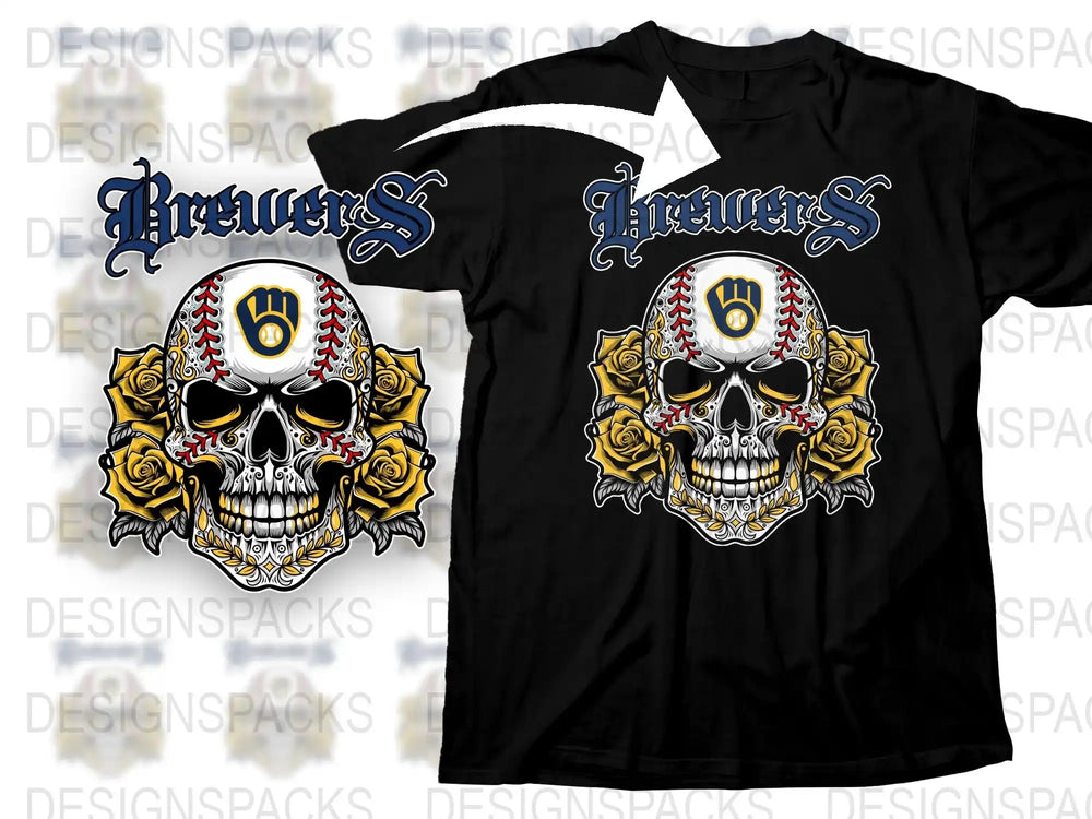 Gothic Skull T-Shirt with Floral Design, Unisex Black Tee, Unique Brewers Graphic Shirt