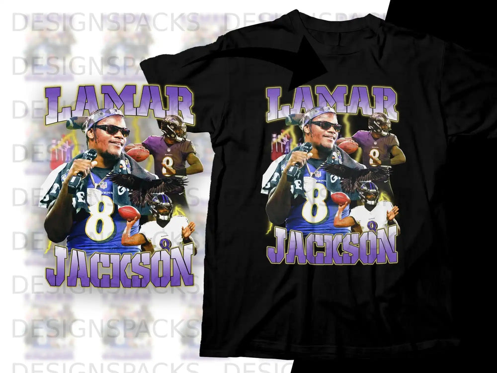 Lamar Jackson in Baltimore Ravens uniform with "LAMAR JACKSON" text.