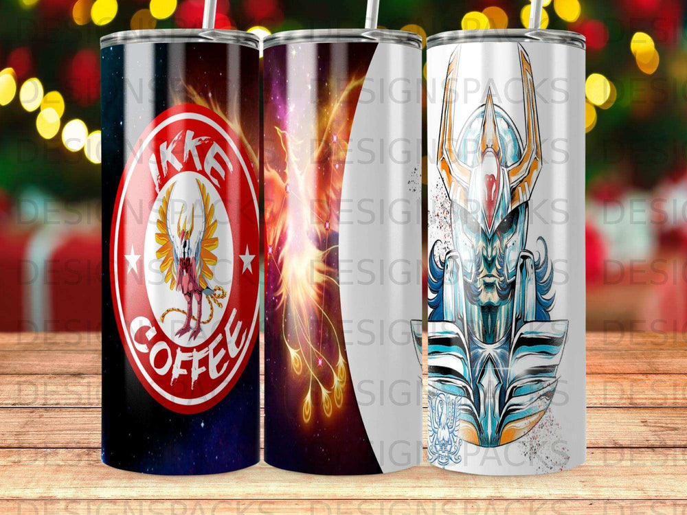 Coffee cup with fiery phoenix and warrior designs.