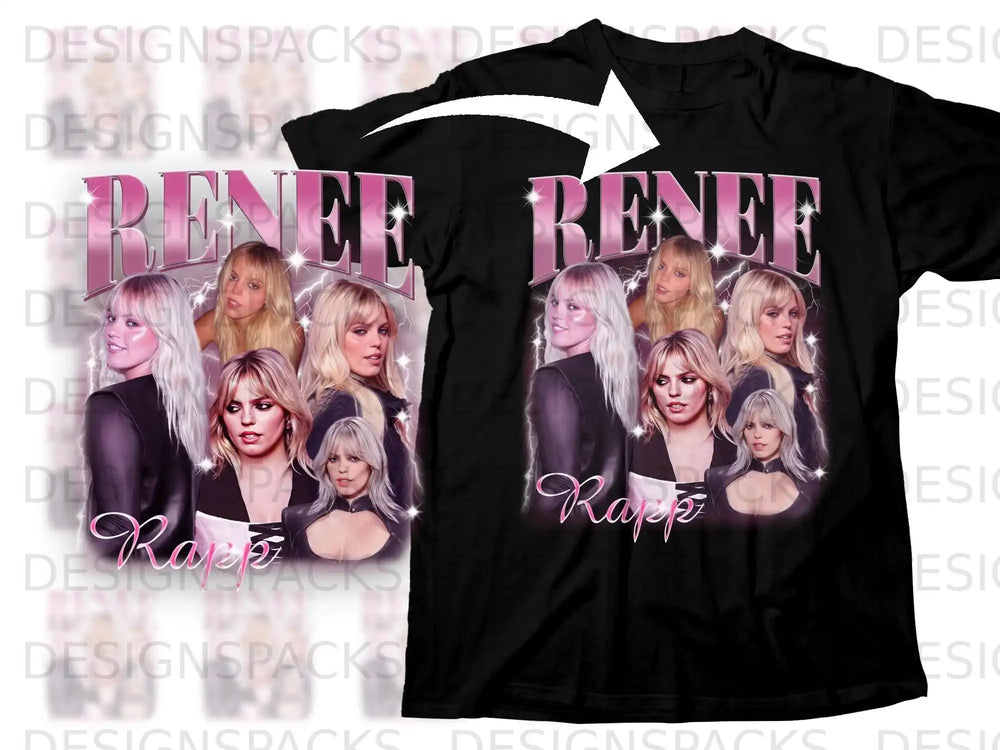 Black t-shirt with "RENEE" and "Rapp" graphics featuring multiple portraits of a blonde woman.