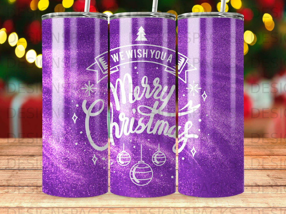 Purple glitter tumbler with "We Wish You A Merry Christmas" text and ornaments.