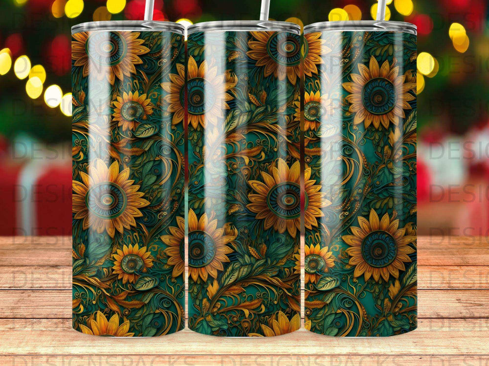 Tumbler with repeating pattern of sunflowers and ornate green leaves.