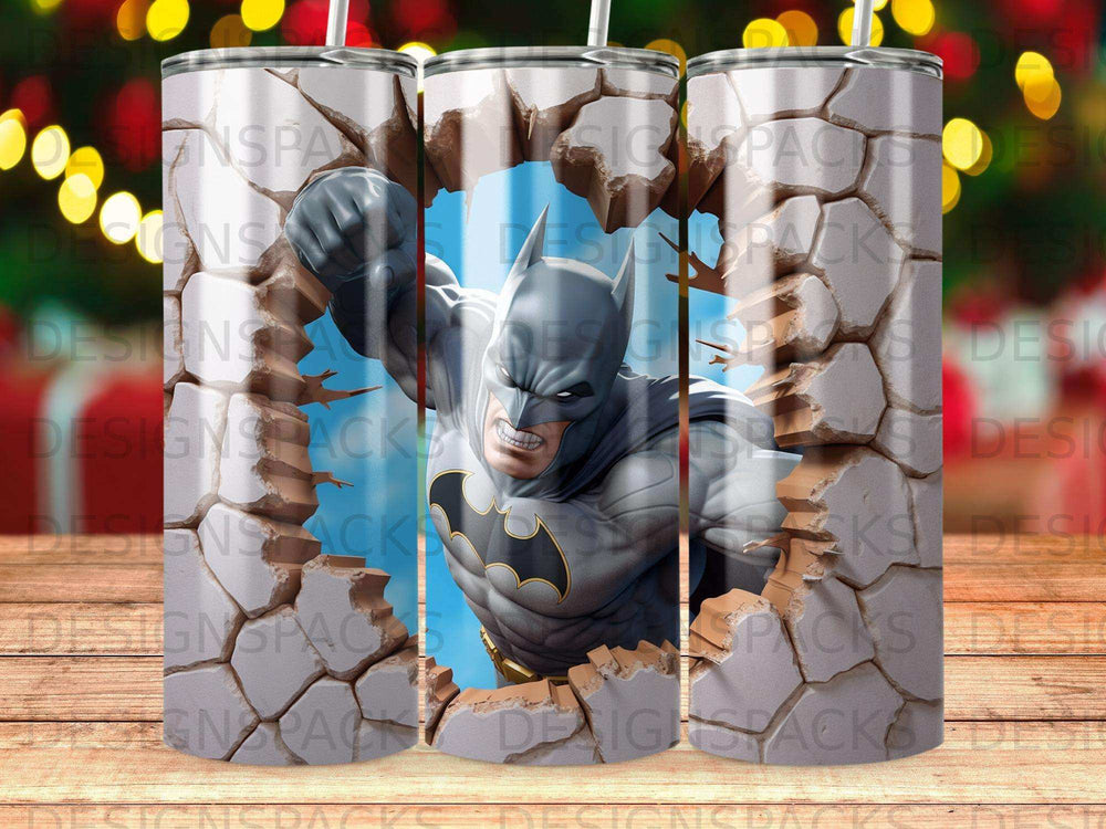 Batman breaks through a brick wall, flexing his fist.