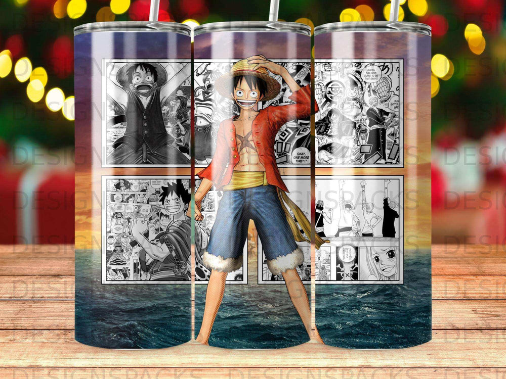 Monkey D. Luffy from One Piece in a dynamic pose, manga panels, ocean background.