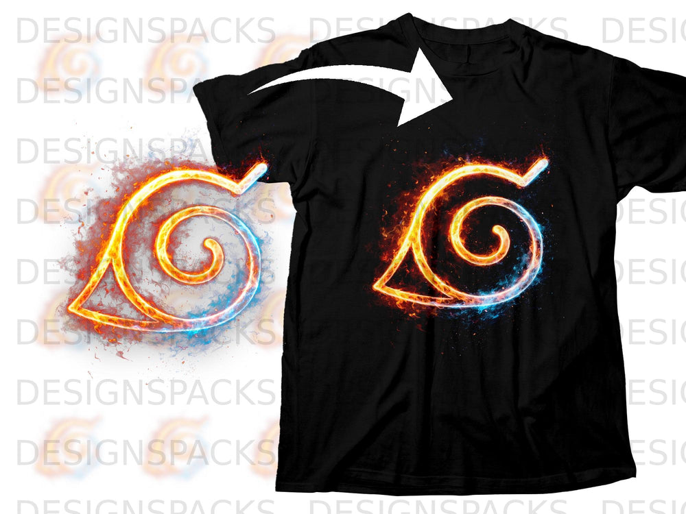 Black t-shirt featuring a fiery Konoha leaf symbol graphic.