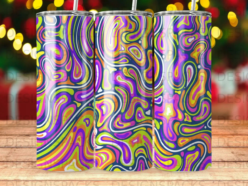Three tumblers with a colorful, abstract psychedelic swirl pattern.