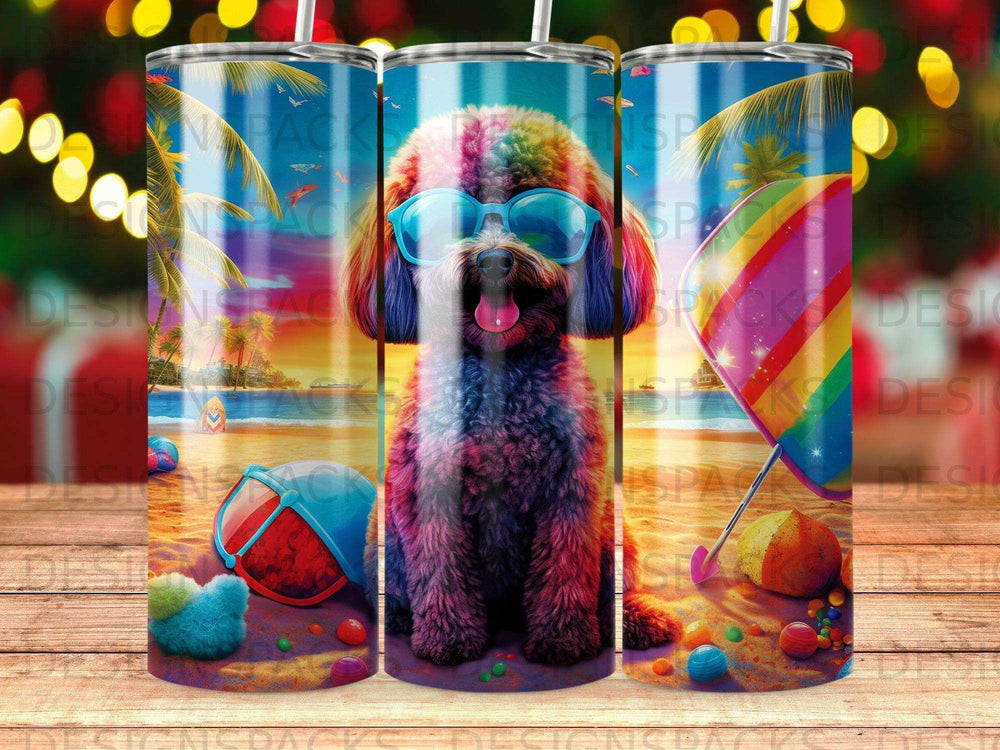 Colorful dog in sunglasses with beach toys and a rainbow umbrella.