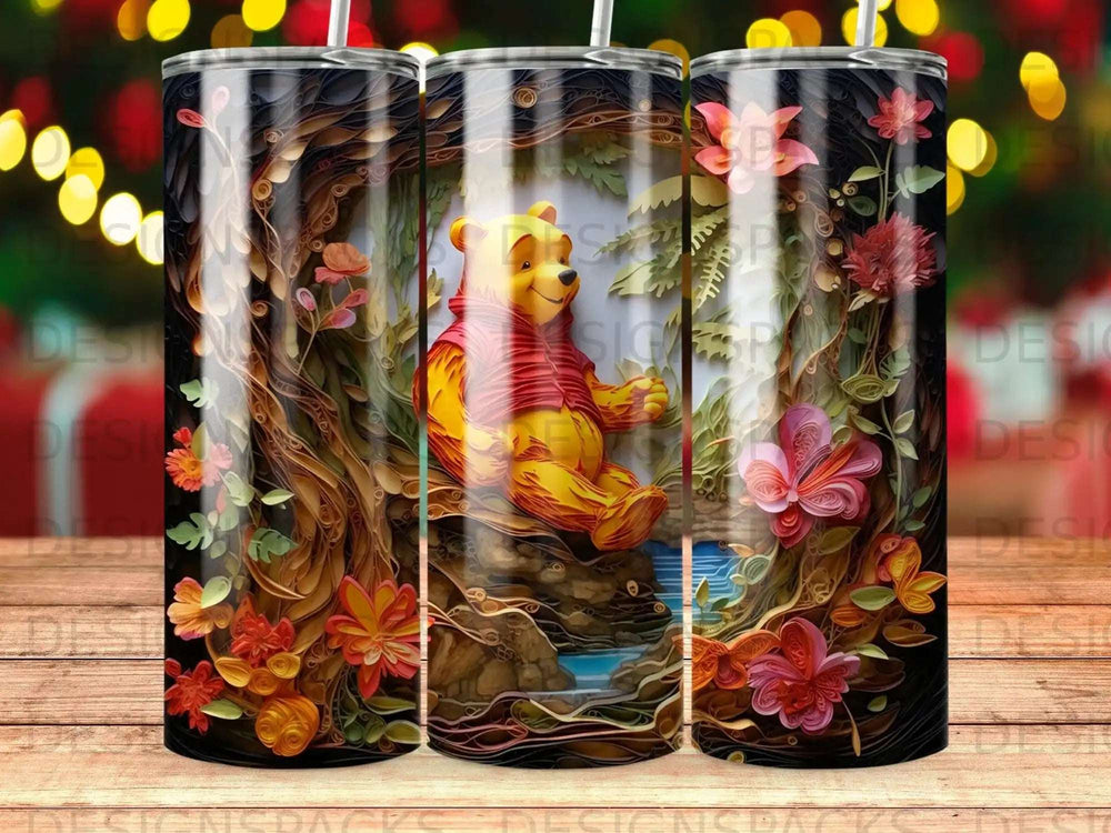 Winnie the Pooh sitting on a log, surrounded by flowers and trees, with bokeh lights.
