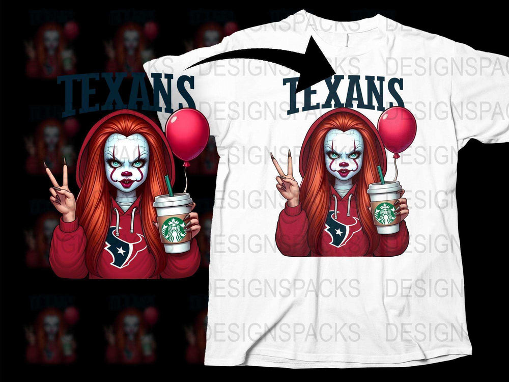 Horror Clown Graphic T-Shirt, Texans Fan Art, Creepy Clown with Coffee, Unisex Horror Tee, Scary Movie Inspired Shirt