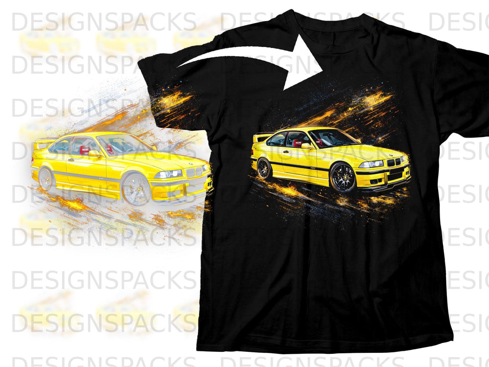 Yellow BMW M3 with racing seats and abstract paint splatter design on black t-shirt.