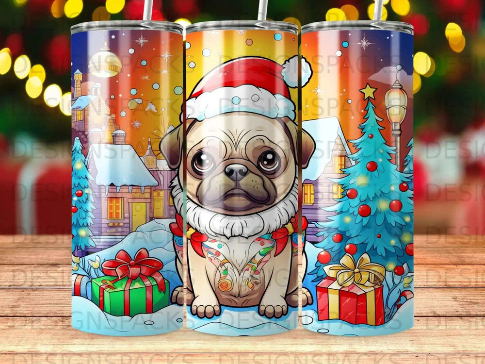 Cute pug wearing Santa hat and scarf on a snowy Christmas background.