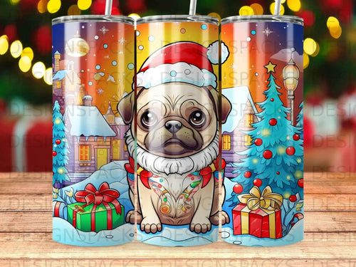 Cute pug wearing Santa hat and scarf on a snowy Christmas background.