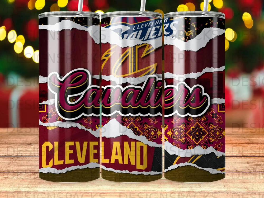 Cleveland Cavaliers logo on a dark red patterned tumbler.