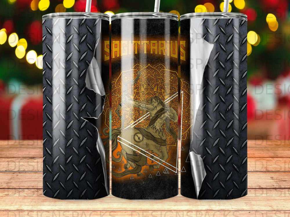 Sagittarius constellation design on a tumbler with metallic diamond plate background.