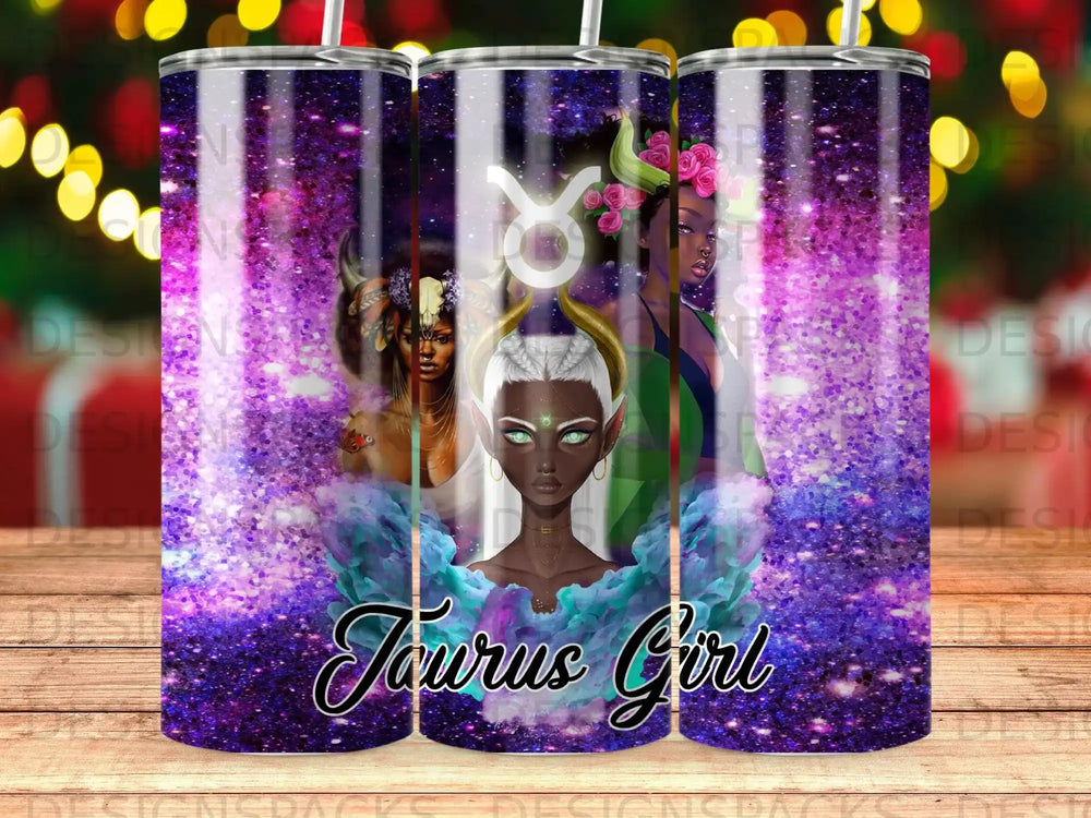 Taurus girl illustration with zodiac symbol and purple glitter background.