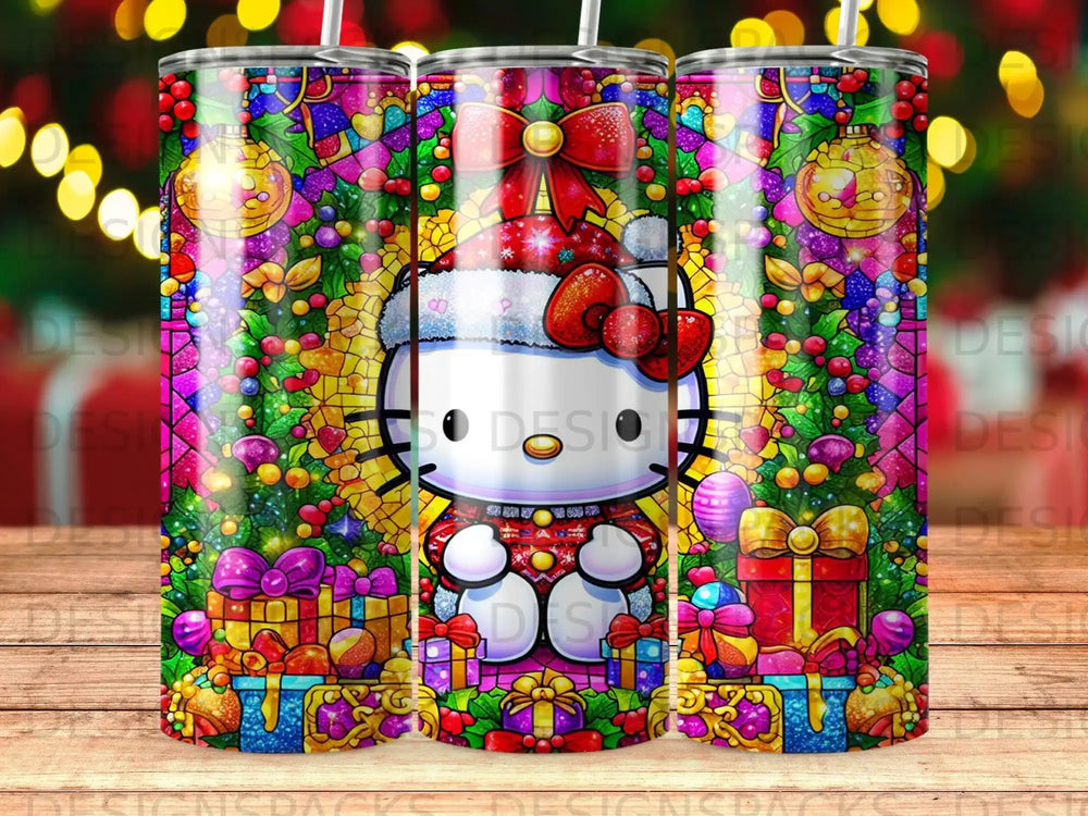 Hello Kitty in festive Christmas sweater surrounded by gifts and ornaments.