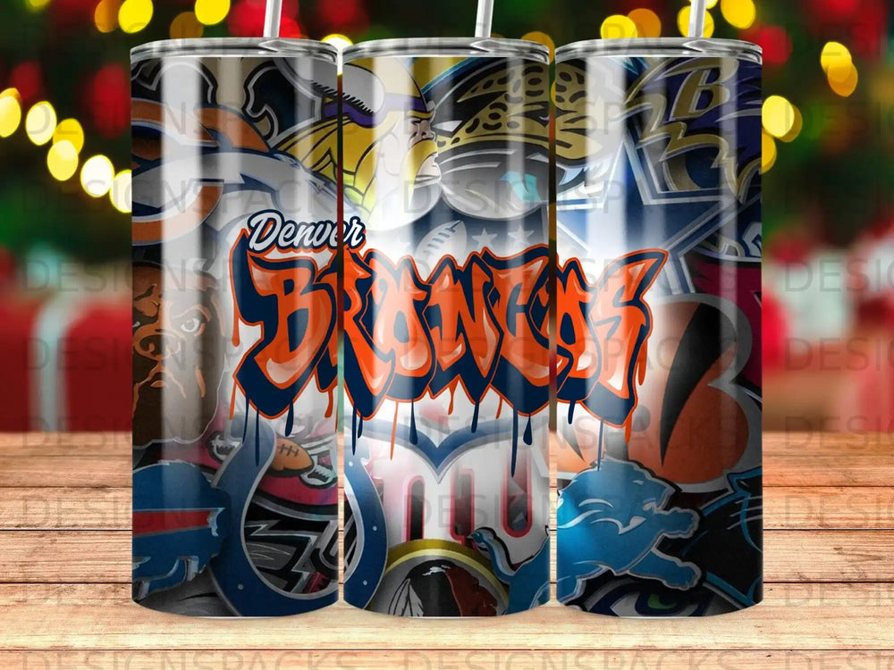 Denver Broncos graffiti logo on a patterned background of sports team logos.