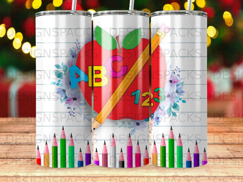 Tumbler with ABC and 123 designs, pencils, and flowers.