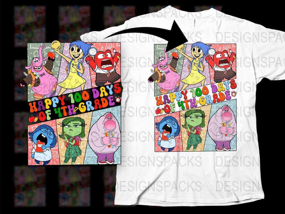 Happy 100 Days of 4th Grade T-Shirt, Colorful Cartoon Characters, Kids School Celebration Tee