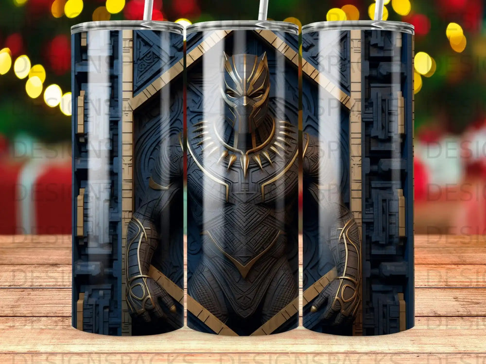 Black Panther character in armor, three tumblers with patterned backgrounds.