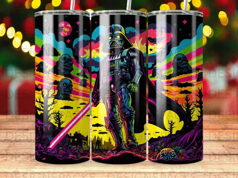 Darth Vader in colorful, surreal landscape with pink lightsaber.