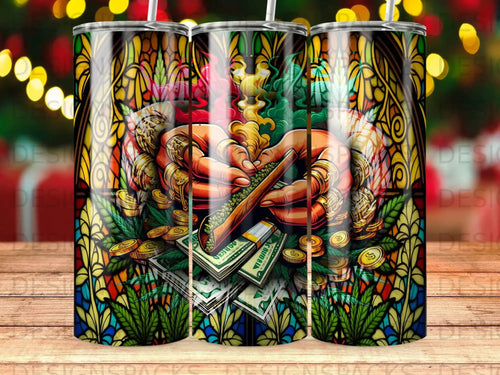 Hands roll a joint surrounded by money and stained glass patterns.