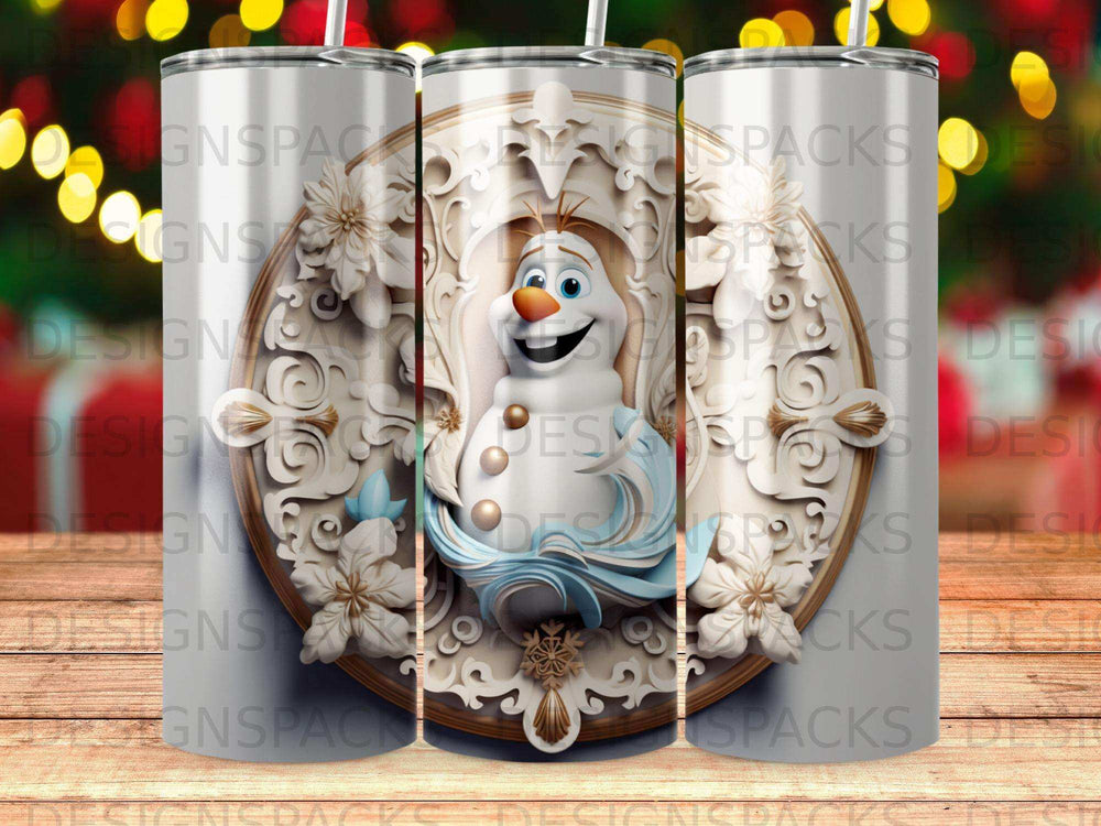 Olaf character on white ornate frame, against blurred bokeh background.