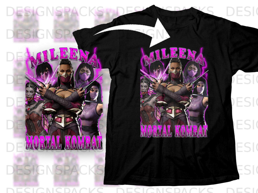 Mileena and Scorpion from Mortal Kombat on a black t-shirt.