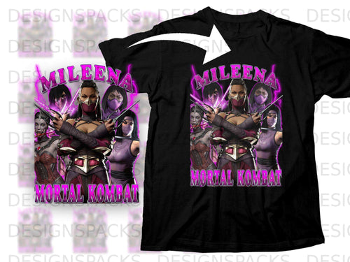 Mileena and Scorpion from Mortal Kombat on a black t-shirt.