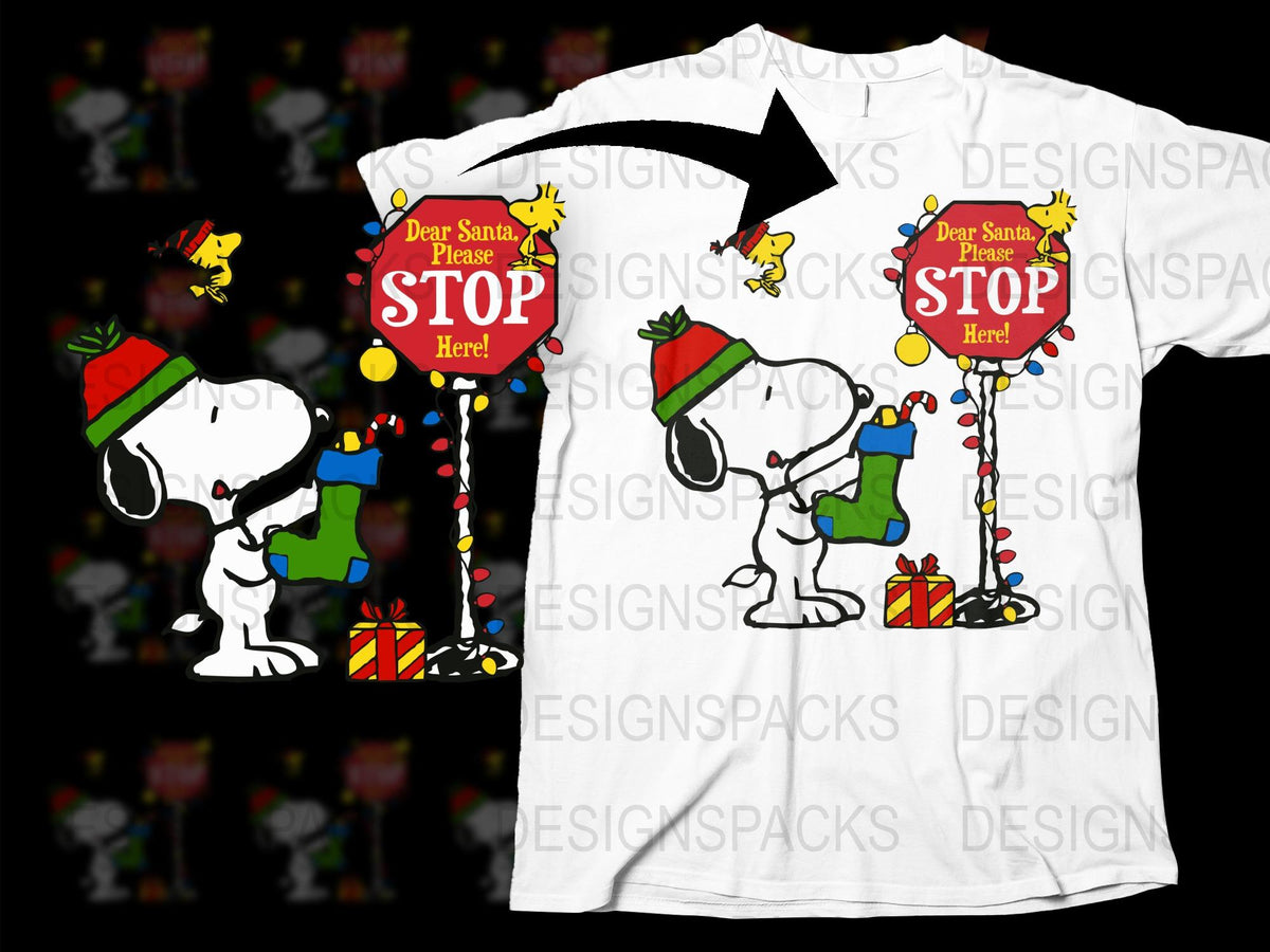 Dear Santa Stop Here Dog Graphic Holiday T-Shirt, Christmas Gift Tee, Festive Family Matching Outfit