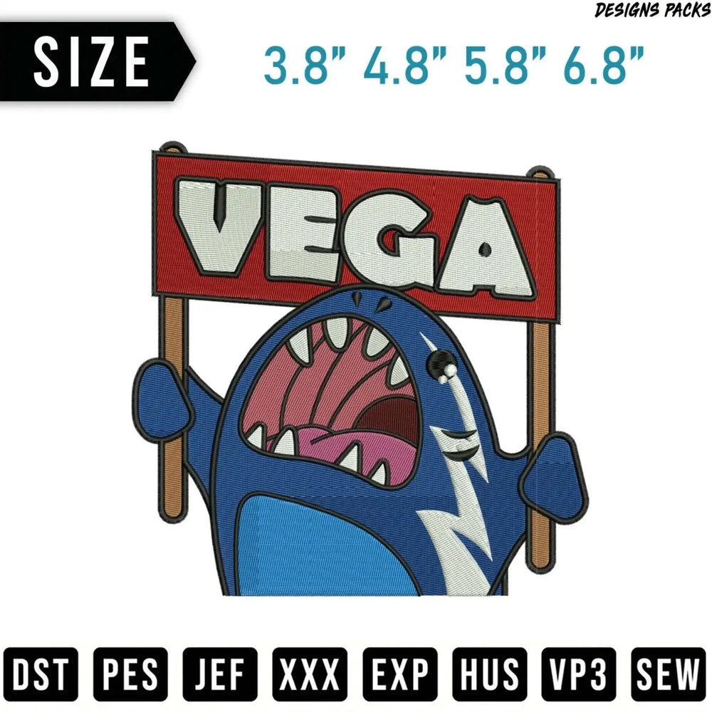 Blue monster holding VEGA sign, available in multiple sizes.
