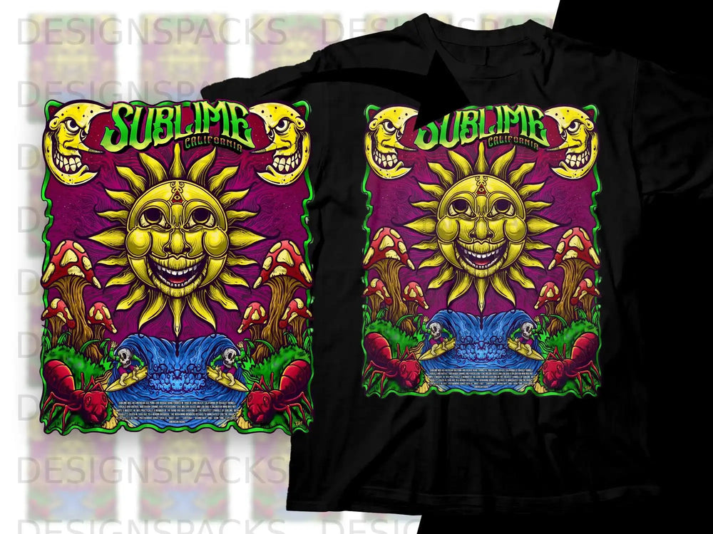 Black t-shirt with colorful psychedelic sun, moon faces, mushrooms, and ants design.