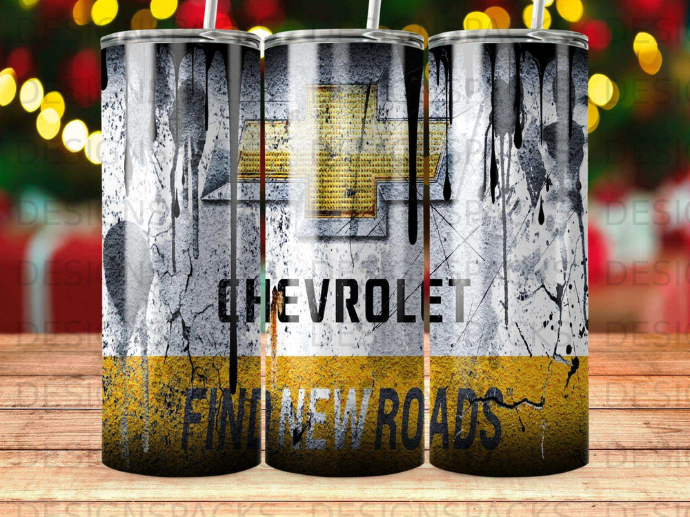 Chevrolet logo with "Find New Roads" text on a distressed, paint-splattered tumbler.