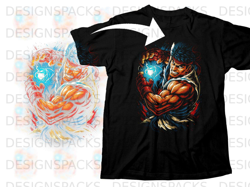 Black t-shirt featuring Ryu from Street Fighter powering a blue energy ball.