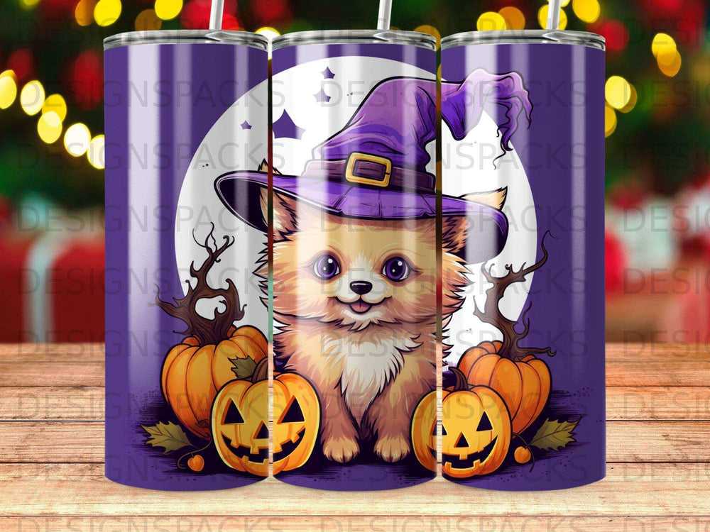 Chihuahua in witch hat with pumpkins and moon.