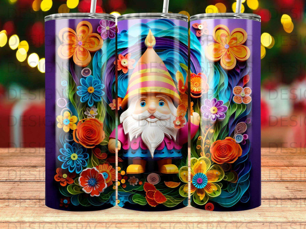 Gnome surrounded by colorful flowers and swirling abstract shapes.