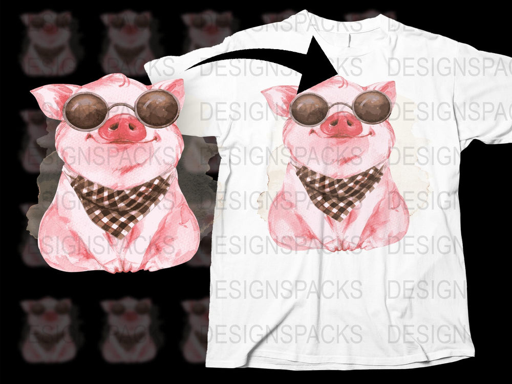Cute Pig T-Shirt with Sunglasses and Scarf, Funny Animal Graphic Tee, Unisex White Shirt