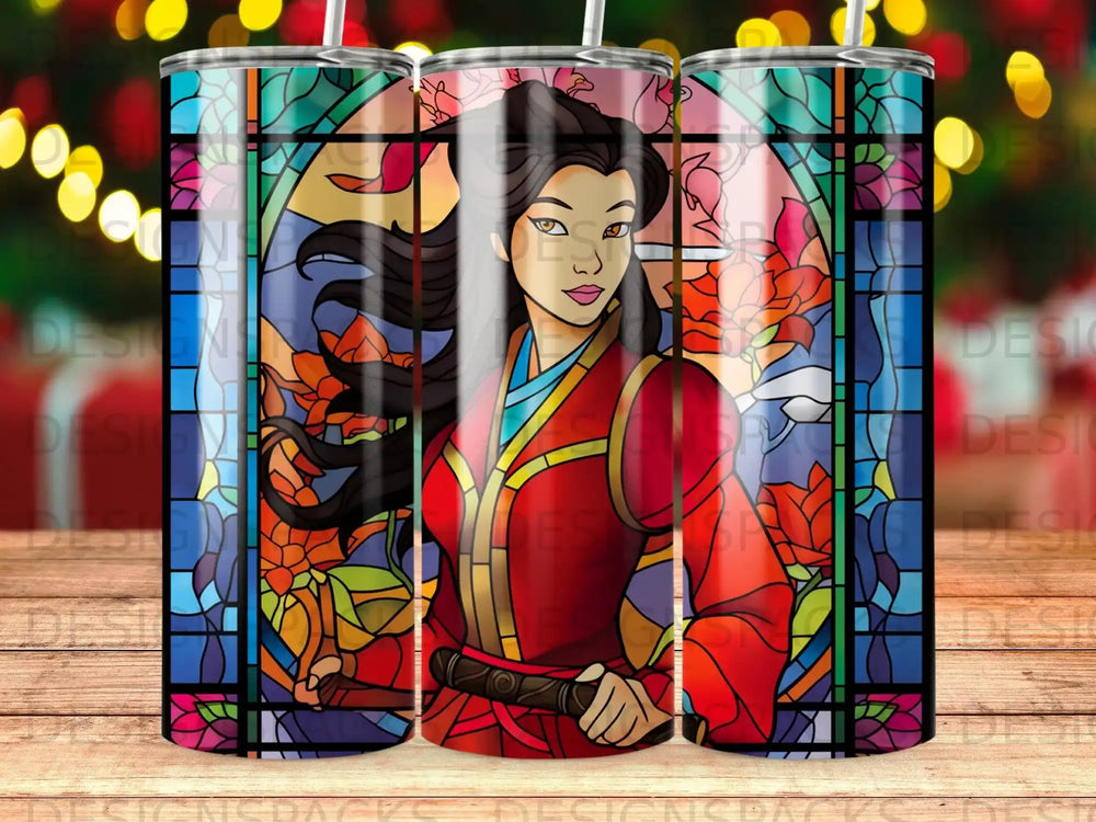 Mulan in a red outfit and sword, set against a stained glass background.