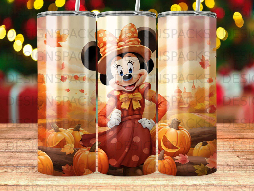 Minnie Mouse in a fall outfit holding a pumpkin against a backdrop of pumpkins and leaves.