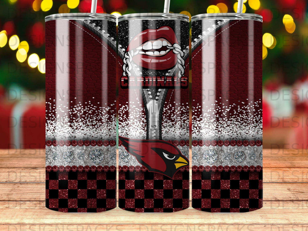 Cardinals logo on checkered background with glitter and zipper design.