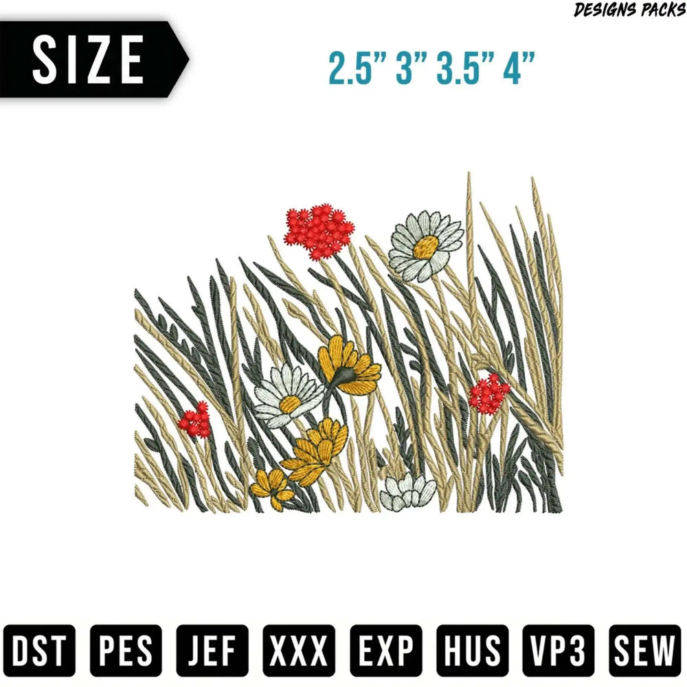 Embroidery designs of wildflowers in grass, with size options and file formats.