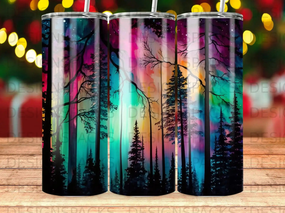 Night sky with colorful aurora borealis over silhouetted pine trees.