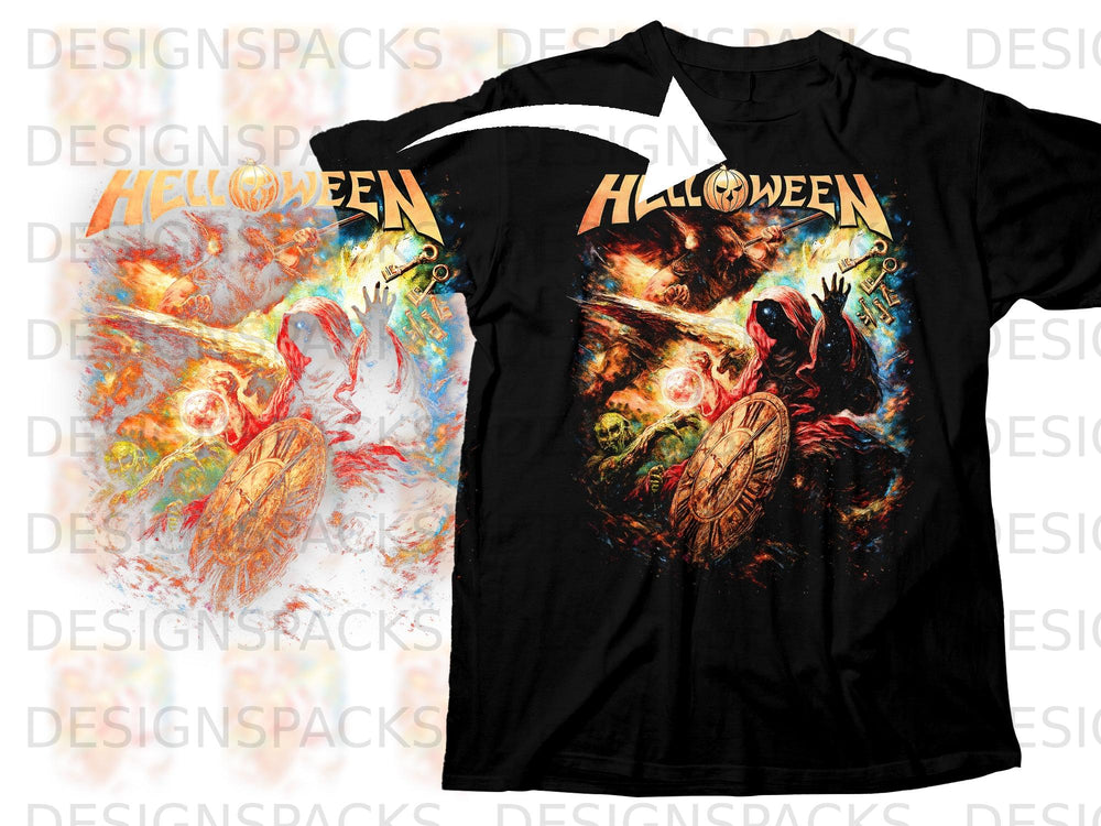 Black t-shirt featuring a "Halloween" graphic with a hooded figure, clock, and skeletons.