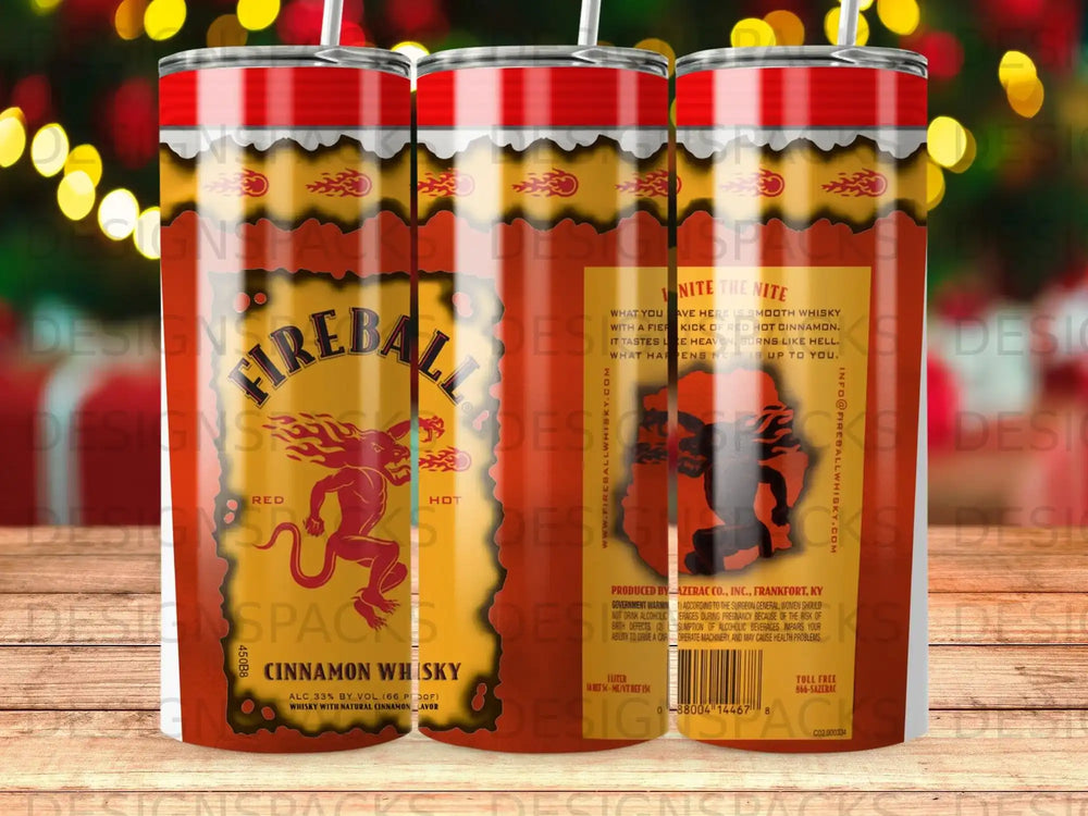 Fireball Cinnamon Whisky tumbler with red dragon and text details.