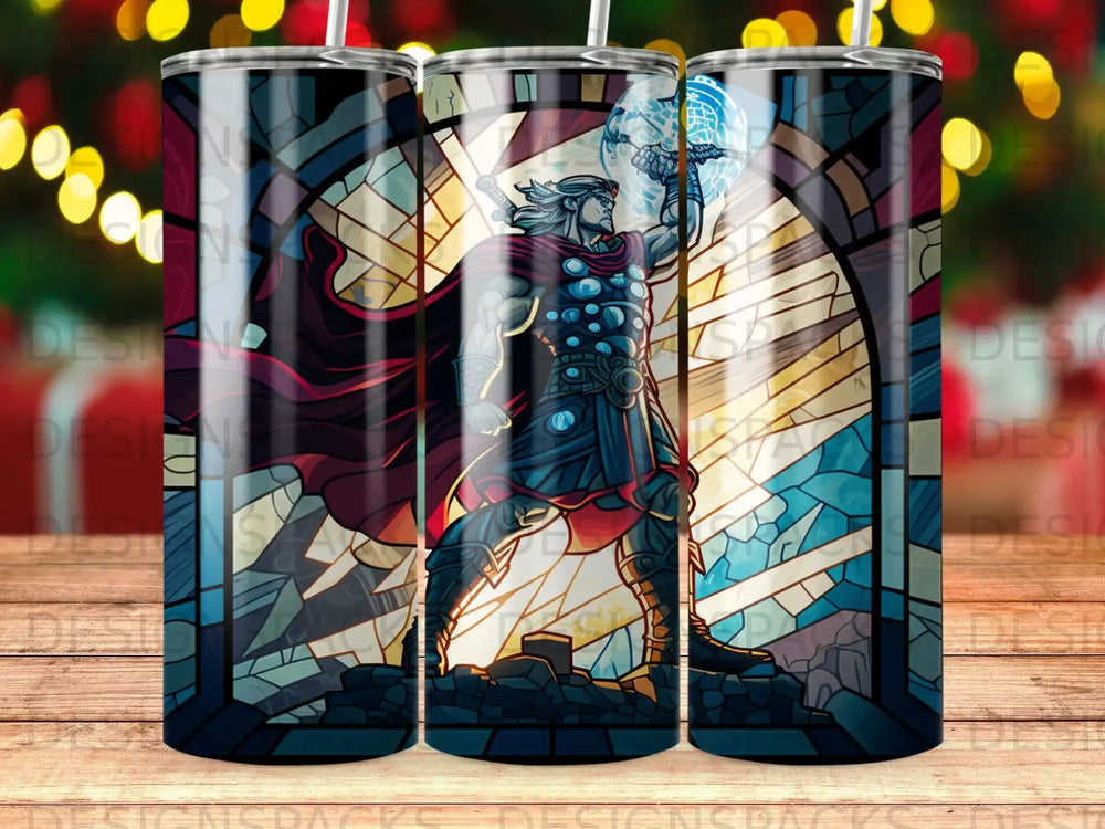 Thor holding Mjolnir in a stained-glass style design.