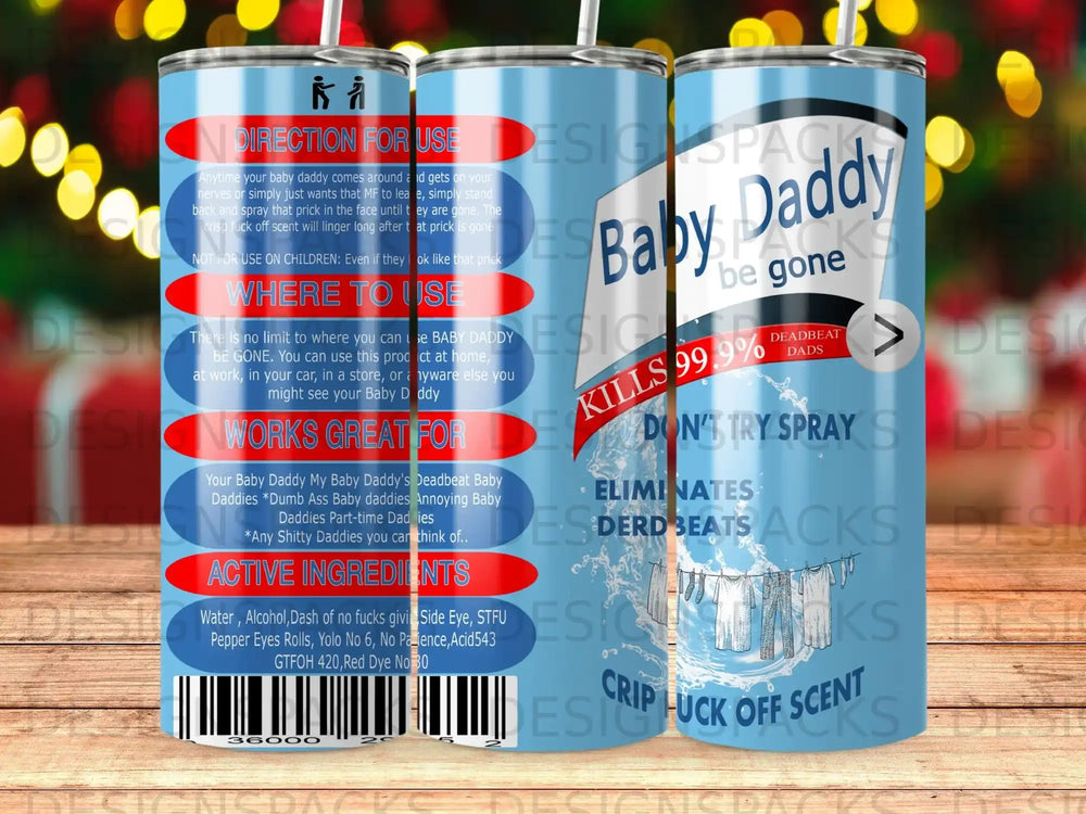 Baby Daddy Be Gone spray with skull and crossbones and ingredient list.