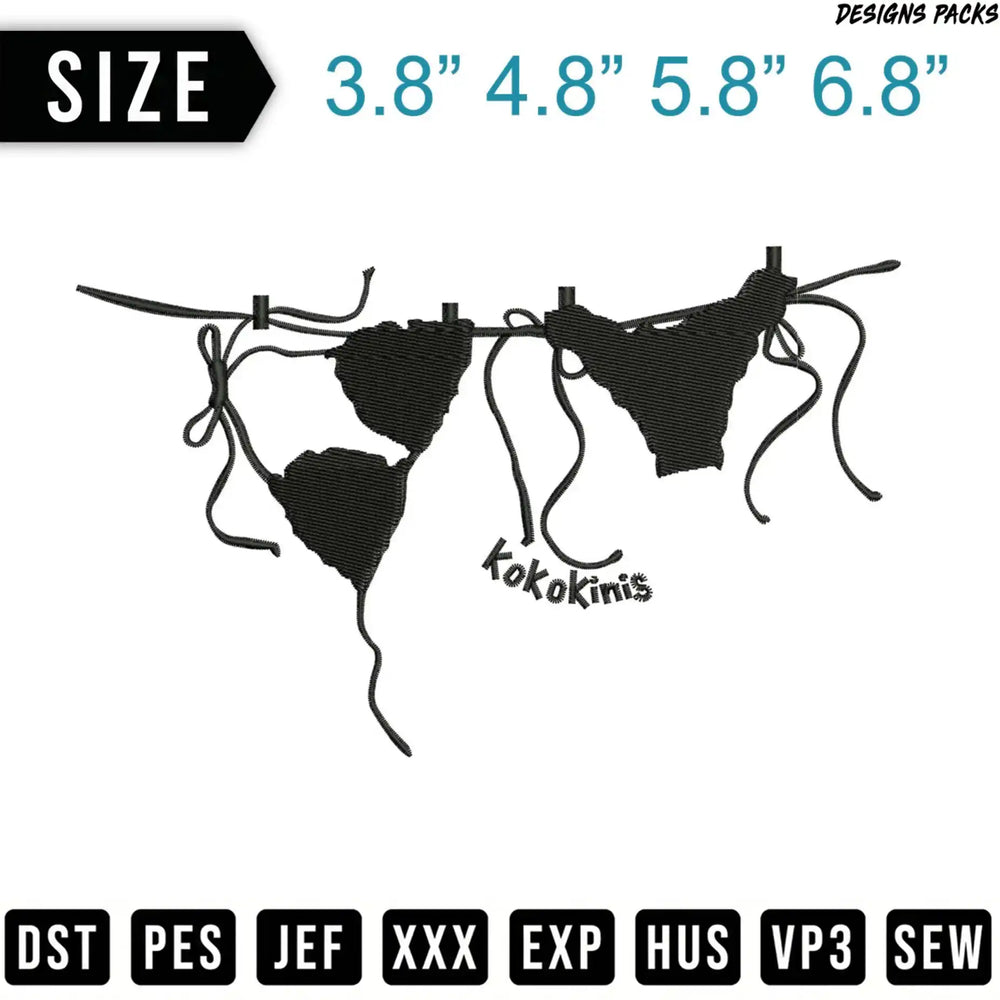 Embroidery design of three bikinis on a clothesline with size and file format options.